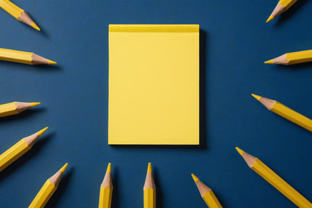 Yellow pencil with blue background and sticky notesの素材