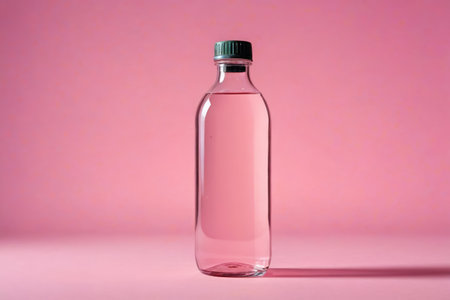 Close up of transparent water bottle with pink backgroundの素材
