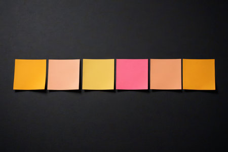 Colorful sticky notes neatly arranged on a black backgroundの素材