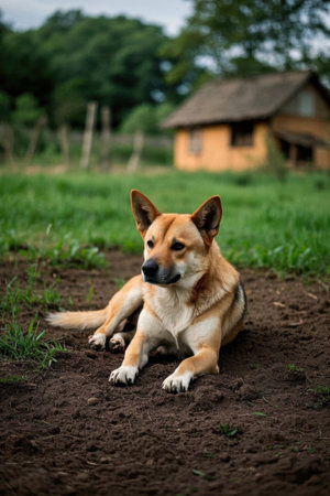 Dog lying down in idyllic meadowの素材