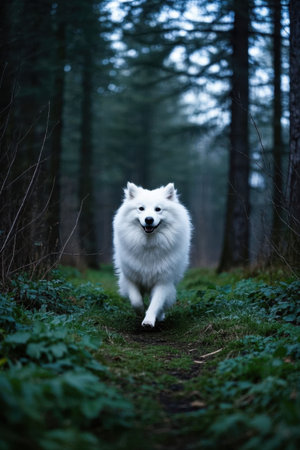 White Samoyed running in the forestの素材