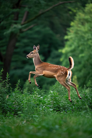 Sika deer jumping in the forestの素材