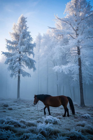 A lone horse in the snow forestの素材
