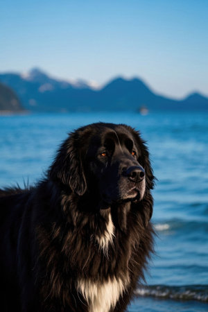Black long haired dog by the seaの素材