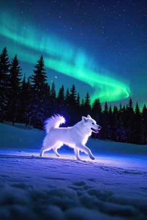 Dogs running in the snow and auroral landscapeの素材