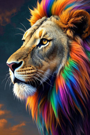Close up of a colorful maned lionの素材