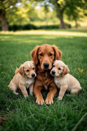 Golden Retrievers and Puppies in the Meadowの素材