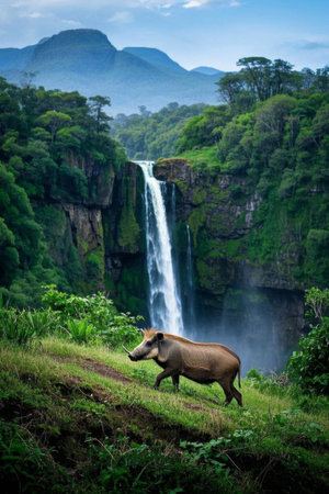 Wild boar walking by the waterfallの素材