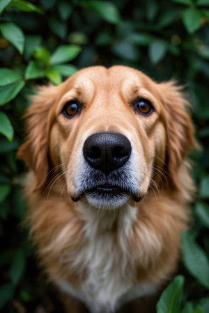 Close up golden retriever looking directly into the cameraの素材