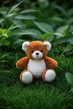 Plush bear toy on the grassの素材