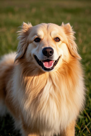 Close up of a golden retriever in the grassの素材