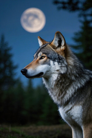 Wolf silhouette on a moonlit nightの素材
