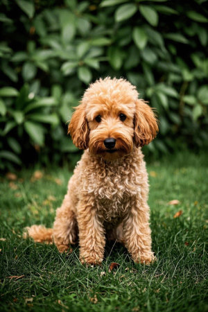 Brown puppy sitting on the grassの素材