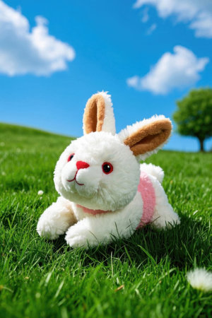 Cute plush bunny doll on the grassの素材