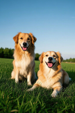 Two golden retrievers on the grassの素材