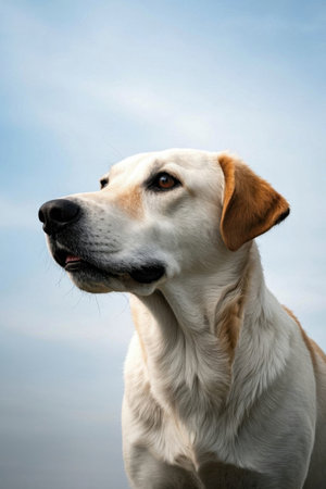 Close up of a Labrador from an upward perspectiveの素材