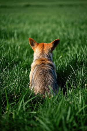 The back of a puppy sitting on the grassの素材