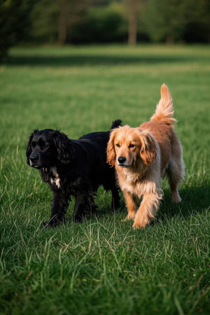 Two pet dogs walking on the grassの素材