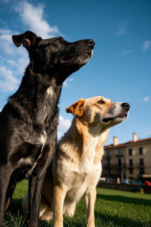 Two dogs looking up on the outdoor grassの素材