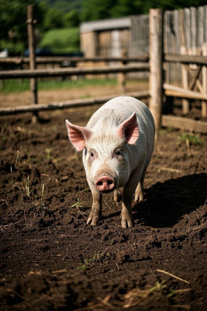 Standing pigs on the farmの素材