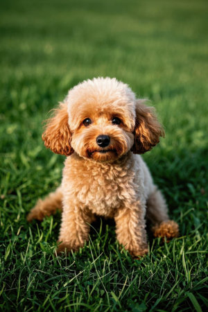 Cute brown puppy on the grassの素材