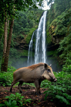 Wild boar nature scene next to the waterfallの素材