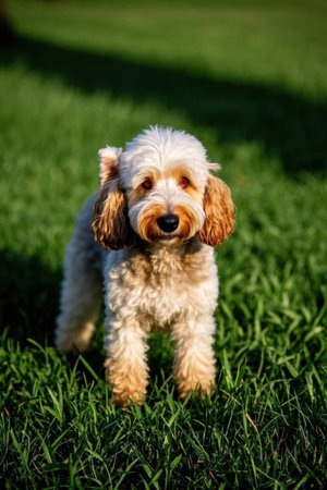Cute pet dog standing on the grassの素材