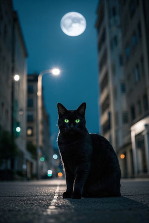 Black cat on the street on a moonlit nightの素材