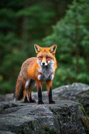 Wild red fox standing on the rocksの素材