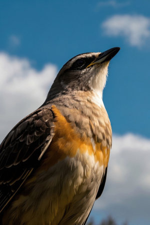 Close up bird looks up at the blue sky and white cloudsの素材