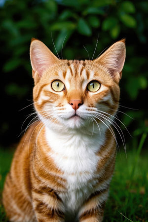 Close up of an outdoor orange and white catの素材