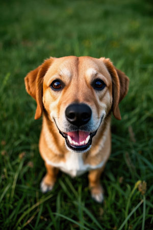 Close up of a smiling dog on the grassの素材