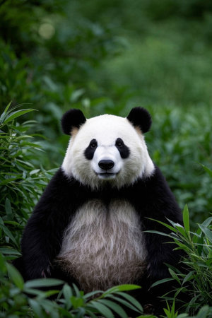 Giant panda sitting in bamboo forestの素材