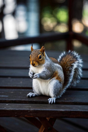 Close up of a squirrel on a wooden tableの素材