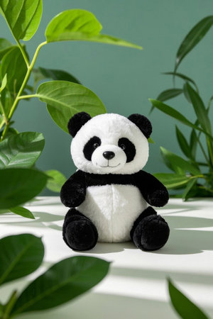 Panda plush toy surrounded by green leavesの素材