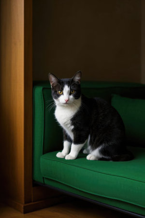 Black and white cat sitting on green sofaの素材