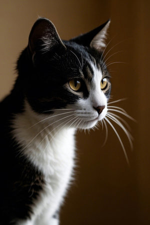 Close up of the black and white cat's side headの素材