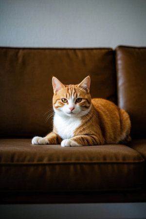Orange and white cat sitting on brown sofaの素材