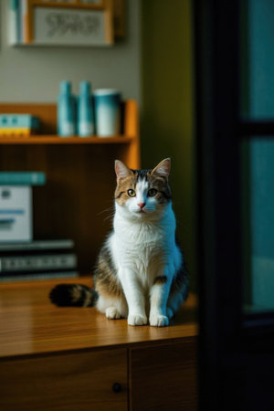 Tricolor cat sitting on indoor furnitureの素材