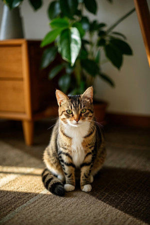 A spotted cat sitting indoorsの素材