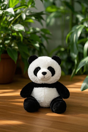 Panda plush toy on wooden floorの素材