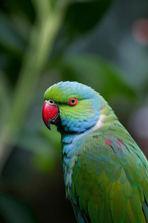 Close up of a green parrot head and feathersの素材