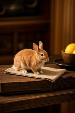 Close up of the pet rabbit on the tableの素材