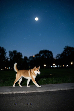 Shiba Inu walking on a moonlit nightの素材