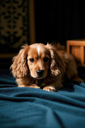 Brown puppy lying on a blue blanketの素材