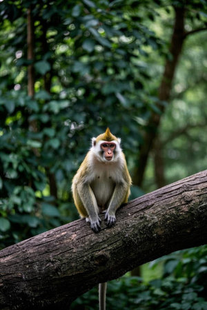 Monkey sitting upright on a branch in the forestの素材