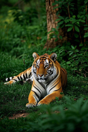 Tiger resting on the grassの素材