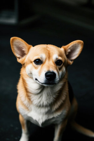 Close up of a brown puppy looking directly into the cameraの素材