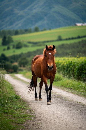 Brown horses walking on country roadsの素材