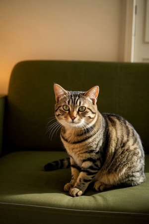 Brindle cat sitting on the green sofaの素材